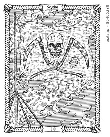 Scythe card from the oracle Old Marine Lenormand deck with pirate flag and the Jolly Roger symbol. Nautical vintage background, coloring book page, t-shirt and tattoo vector graphic 86465239