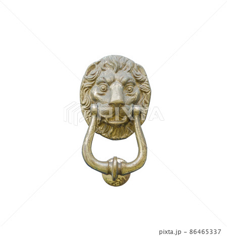 Original brass knocker in the shape of a lion's head, knocker isolated on white background 86465337