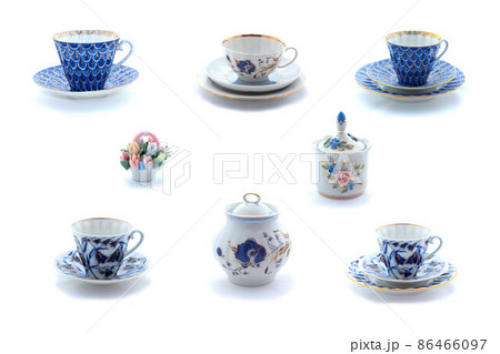 Collage of porcelain tea cups and dishes with flower ornament Collage of porcelain tea cups and dishes with flower ornament 86466097