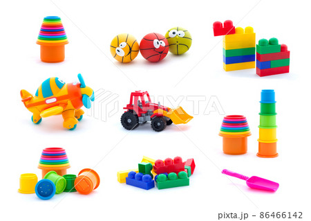 Collage of plastic toys for baby isolated on white background 86466142