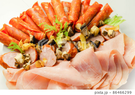 A cold plate prepared for the party with sliced chorizo, ham and sausages A cold plate prepared for the party with sliced chorizo, ham and sausages 86466299
