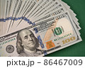 Closeup view of stack of one hundred dollars banknotes on dark green background. Cash money. Financial growth and business concept 86467009