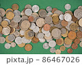 Collection of old coins on dark green background with copy space. Various vintage coins from worldwide as background. Financial growth and business concept. Numismatics and coins collecting 86467026