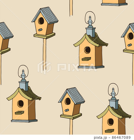 Bird feeders vector seamless pattern, hand drawn sketch 86467089