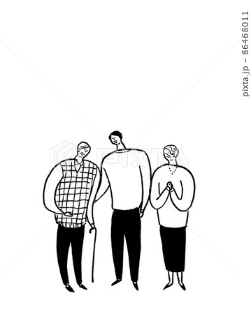 若い男性、高齢の男性と女性、線画(縦、下中央配置) 若い男性、高齢の男性と女性、線画(縦、下中央配置) 86468011