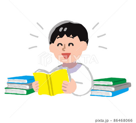 本の山と笑顔で本を読む男性（手描きカラー） 86468066