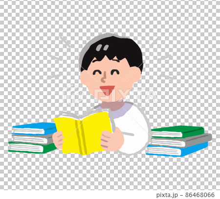 本の山と笑顔で本を読む男性（手描きカラー） 86468066