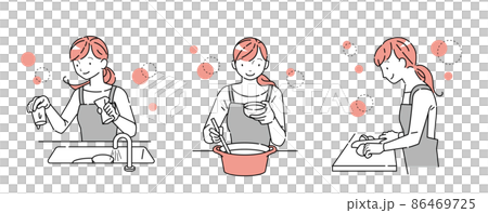 キッチンで家事をする女性のセット（包丁で切る　鍋から注ぐ　食器を洗う） 86469725