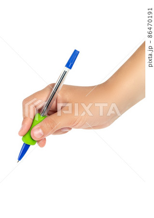 Blue pen in hand of a child isolated on white background Blue pen in hand of a child isolated on white background 86470191
