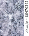 Aerial of man in a beautiful winter snow covered forest 86470342