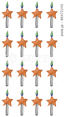 Grey candles with colorful burning flame and stars. Watercolor food illustration isolated on white. Design for greeting card, fabric, textile, wallpaper, menu, packaging, print, wrapping, baby room. Grey candles with colorful burning flame and stars. Watercolor food illustration isolated on white. Design for greeting card, fabric, textile, wallpaper, menu, packaging, print, wrapping, baby room. 86472243