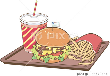 ハンバーガーセットのイラスト フライドポテト ドリンク トレイ ファストフード店 のイラスト素材