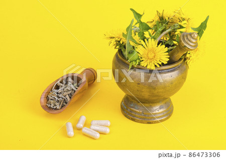 Herbals in mortar and modern medicines, herbal medicine in capsules. 86473306