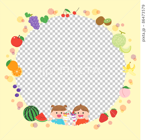 Cute round frame of various fruits with children Cute round frame of various fruits with children 86473579