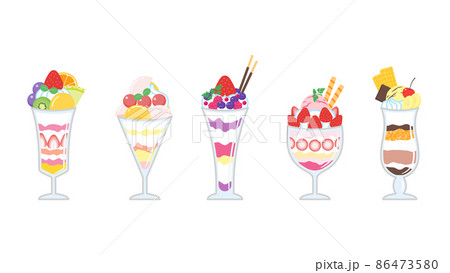フルーツパフェ 桃のパフェ ベリーのパフェ いちごパフェ チョコレートパフェのイラスト素材