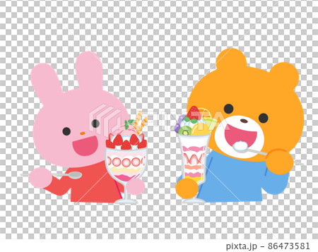 Rabbits and bears eating fruit parfait Rabbits and bears eating fruit parfait 86473581