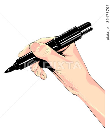 横から見たサインペンを使う手のイラストカラフルのイラスト素材