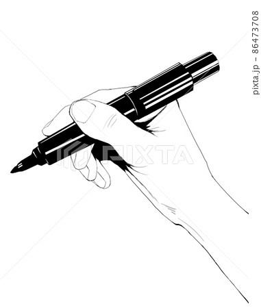 横から見たサインペンを使う手のイラストモノクロ 86473708