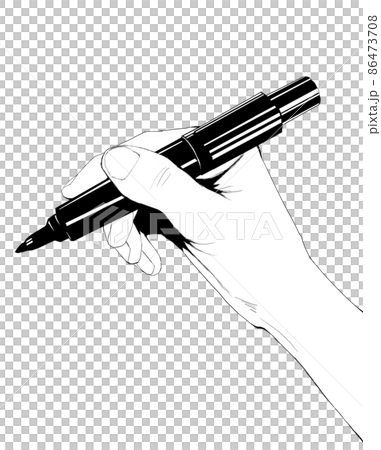 横から見たサインペンを使う手のイラストモノクロ 86473708