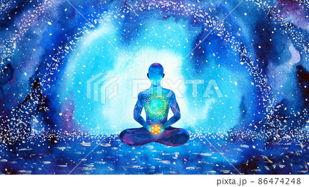 sacral orange chakra human meditate mind mental health yoga spiritual healing meditation peace watercolor painting illustration design abstract universe 86474248