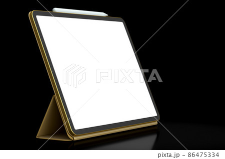 Computer tablet with gold cover case and pencil isolated on black background. 86475334