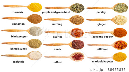 top view of wood spoon with various ground spices 86475835