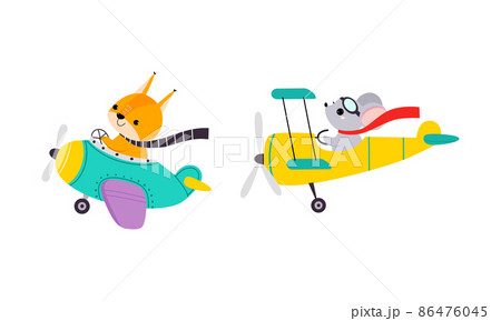 Cute Mouse and Squirrel Animal Flying on Airplane with Propeller Vector Set 86476045