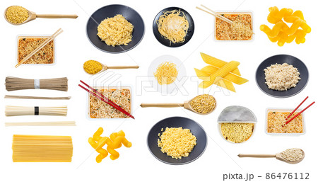 set of various cooked and dry pasta and noodles set of various cooked and dry pasta and noodles 86476112
