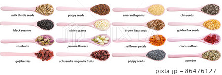 set of ceramic spoons with various flavoring seeds 86476127