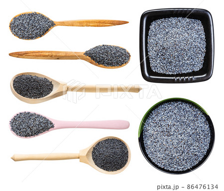 set of various poppy seeds isolated on white 86476134