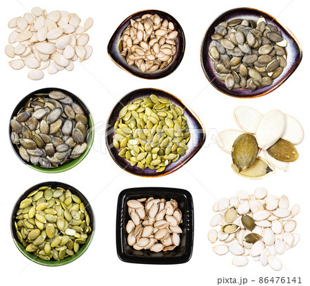 set of various pumpkin seeds isolated on white 86476141