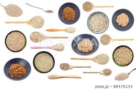 set of various boiled and raw rye grains isolated set of various boiled and raw rye grains isolated 86476154
