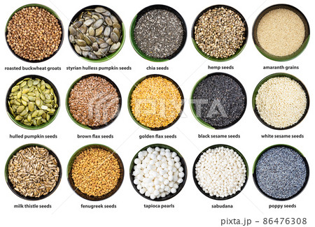 set of various seeds and grains in bowl with names set of various seeds and grains in bowl with names 86476308