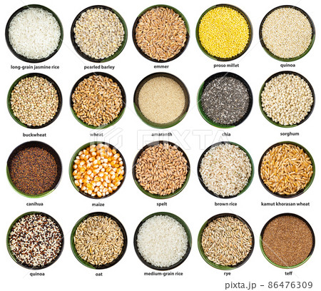 set of various grains in bowls with names set of various grains in bowls with names 86476309