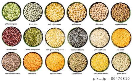 set of various lentils and peas in bowl with names 86476310
