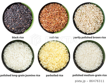 set of various rices in bowls with names isolated set of various rices in bowls with names isolated 86476311
