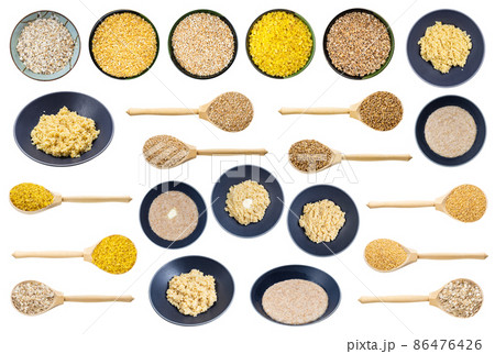 set of various cooked and raw crushed wheat groats 86476426