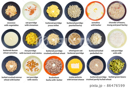 top views of various buttered porridges with names 86476599