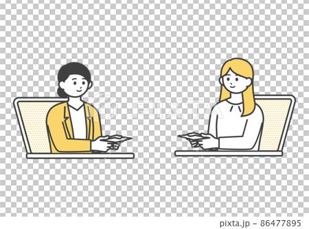 Image illustration material of female employees exchanging business cards online 86477895