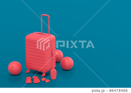 Colorful suitcase or baggage with beach accessories on blue background. 3D render of summer vacation concept and holidays 86478466