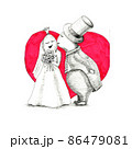 Graphic wedding drawing of two lovers on a red heart background 86479081