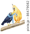 Cartoon character pumpkin ties a scarf to a rook. Watercolor illustration handmade. 86479082