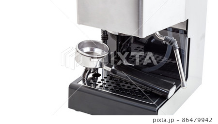 steel professional single group coffee machine with empty portafilter on tray and milk steamer, espresso technique close-up isolated on white background. 86479942