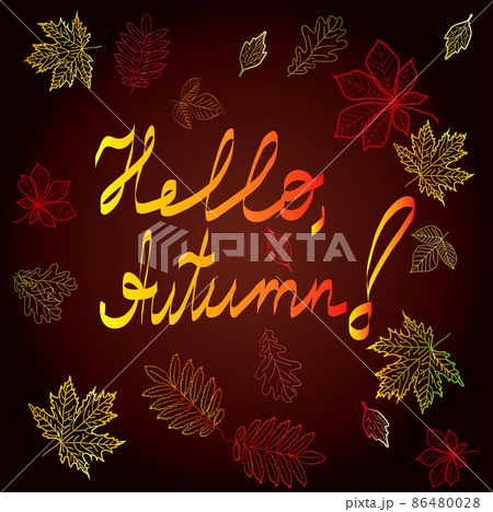 Hello, autumn. Written handwritten text surrounded by multi-colored contours of maple leaves, oak, chestnut, etc. Postcard, background 86480028