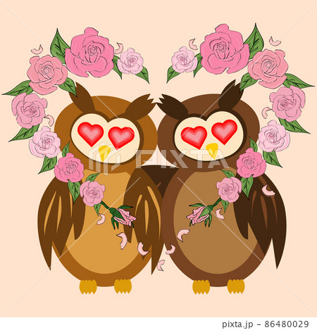 Two lovers embracing the wings of an owl with a wreath of roses in the shape of a heart. Eyes of the heart 86480029