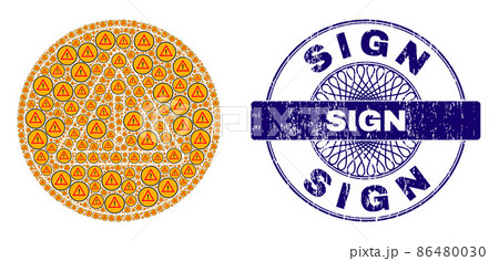 Warning Sign Recursive Composition of Warning Sign Icons and Distress Sign Round Guilloche Stamp 86480030