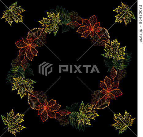 Round frame from multi-colored contours of autumn leaves on a dark background. Postcard, background 86480033