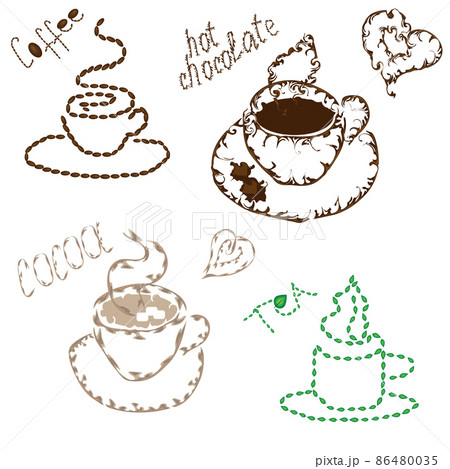 A set of four cups with a contour of chocolate, cocoa, coffee pots and tea leaves. Beverages. 86480035