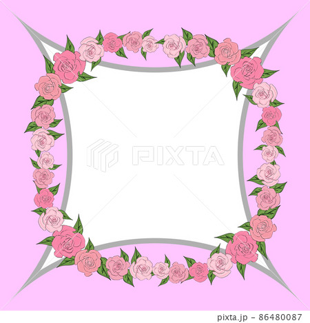 A quadrangular, concave frame decorated with a wreath of roses with leaves of different sizes with space for text. Tenderness, wedding A quadrangular, concave frame decorated with a wreath of roses with leaves of different sizes with space for text. Tenderness, wedding 86480087