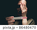 A woman sees a positive pregnancy test result and feels fear. 86480470